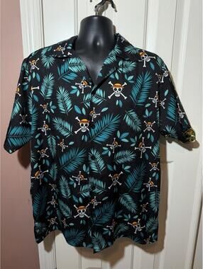 One Piece Straw Hat Jolly Roger Tropical Hawaiian Camp Shirt Mens XL Anime
